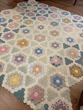 Antique Handmade QUILT Feedsack GRANDMOTHER's FLOWER GARDEN 84 X 84” c1930