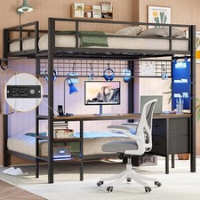 Full Over Twin Size Bunk Bed with Desk Charging Station Led Lights Drawers