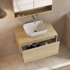 Wall Hung Vanity Unit 800mm Bathroom Cabinet 2 Drawers & Worktop Light Oak