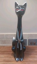 1950s Long Neck Black Cat Vase Figurine Ornament Vintage Mid Century Hand Paint