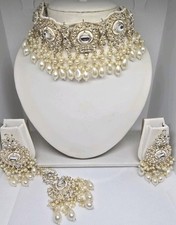 White Indian bollywood bridal Necklace tikka earring jewellery kundan set