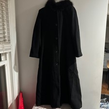Vintage Searle Black Cashmere Blend Long Winter Coat Fur Trim Hood Size 14
