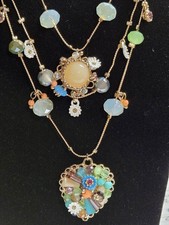 NWT Betsey Johnson Multi-Strand Floral Bead Heart Pendant Necklace Gold Tone...
