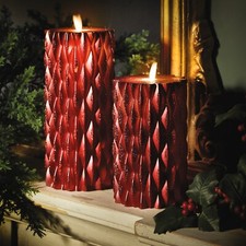 Set of 2 Sparkly Red Real Wax LED Candles Faux Flameless Pillar Cnalde Lights