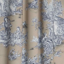 Pastorale Toile De Jouy Blue on Tan 280cm Fabric Cotton French Classic Curtains