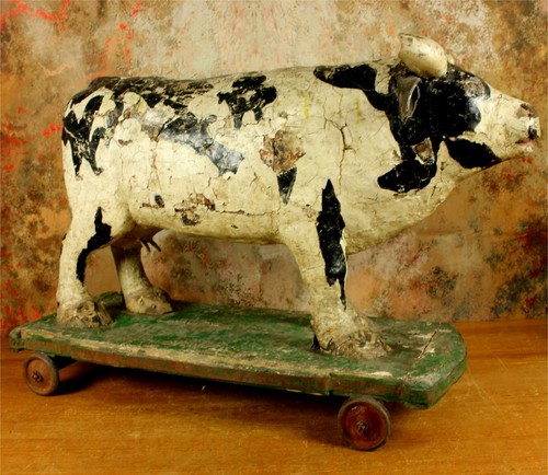 Antique wooden folk art - wooden, cow