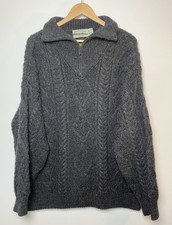 ARAN CRAFTS VINTAGE 100% WOOL CABLE KNIT JUMPER DARK GREY 1/4 ZIP SIZE XXL
