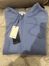 Ladies Pure Cashmere Cardigan with hood pockets and zipper Size medium Blue mix 