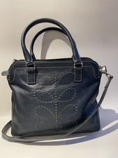 Orla Kiely Leather Bag. Punched Stem. Navy Blue. Over Shoulder. Handbag. Satchel