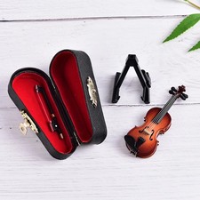 Miniature Violin Ornament with Case Stand Tiny Wooden Music Instrument Decor UK