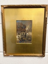 Antique watercolour painting old gilt frame street scene 1922