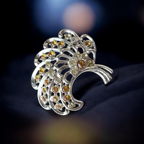 Vtg silver tone rhinestone fan - silver,