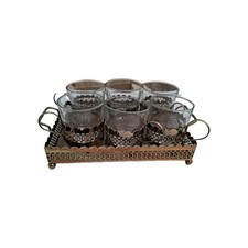 Vintaged Set Of 6 Duralex Glasses In Metal Holders And Carrting Tray