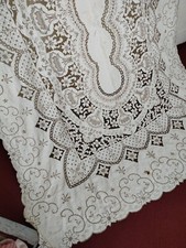 vintage beautiful linen lace tablecloth embroidery needlework embroidered it1309