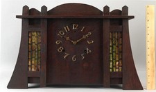 Antique Gilbert EL CANO Arts & Crafts Mission Oak & Slag Glass Mantle Clock 