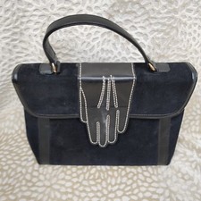 Lulu Guinness Vintage Womens Hand Grab Bag Black Corduroy Logo Inner Pockets