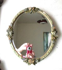 Beautiful 1930s Oval Bevelled Barbola Mirror - Coloured Gesso Flowers