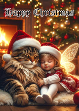 NAUGHTY CHRISTMAS FAIRY CARD - The Cat Nap - A Cute Fairy & A Maine Coon Cat