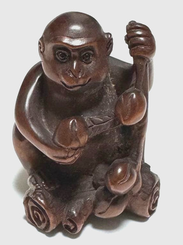 Monkey peach tree netsuke wood - monkey,