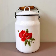 French Country White Milkcan Enamelware Bidon Red Rose Vintage Soviet Milk Jug