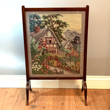 Antique Wooden Fire Guard Screen Embroidered Tapestry Needlework Glass Front