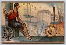 Postcard Mason Masonic Athlete Laborer Sledge Hammer Industry Construction REPRI
