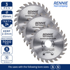 3 Pack - 85mm x 15mm x 24T TCT Circular Wood Saw Blade For Bosch Makita Worx Etc