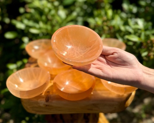 Orange selenite crystal - orange, bowl