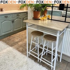 Breakfast Bar Table and 2 Stools Set Compact Kitchen Dining Oak Wood Grain Style