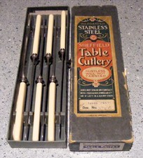 6 VINTAGE STAINLESS STEEL FAUX BONE HANDLES DINNER KNIVES ROUND ENDS BOXED