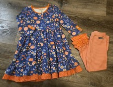 Matilda Jane Dress 5T Blue Orange Fall Floral Stripe Pin Dot Ruffle Leggings 4T