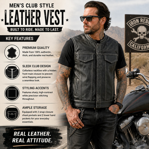 Men real leather biker - biker, vest