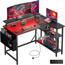 Shaped Gaming Desk with LED Lights & Power Outlets, 100 * 80cm Small Corner Comp