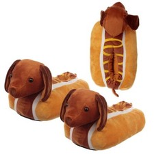 HOT DOG DACHSHUND NOVELTY ONE SIZE PLUSH SLIPPERS NEW WITH TAGS PUK