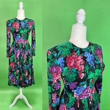 Vintage 80s 90s Whismigoth Black Floral Dress Lilacs Knit Dress - Size XS Petite