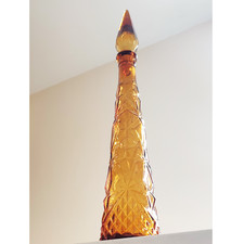 Vintage Italian Amber Art Glass Genie Bottle Vase: MCM Empoli Geometric Design