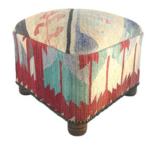 vtg Handwoven Kilim Triangle Ottoman Stool Wood Legs Boho Tribal Rustic