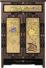 Chinese oriental Gold Leaf Cabinet with Drawer and Hand Painted Floral Design