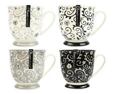 Set of 4 Coffee Mugs Tea Cups Floral Swirl Grey Black White Bone China Large
