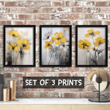 Ochre And Grey Wall Art Set of 3 Prints For Lounge Ochre Flowers Artwork Set