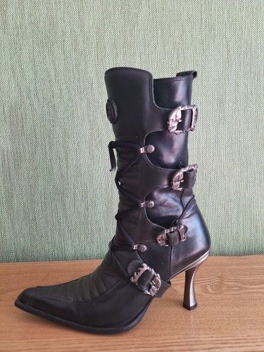 New rock black leather heeled - black,
