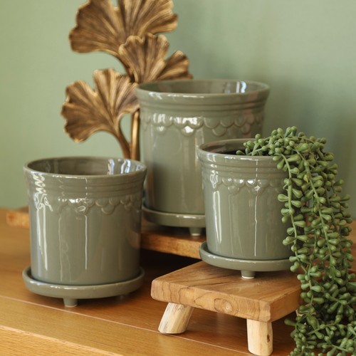 Ceramic sage green plant pot - green,