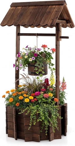Wooden wishing well planter - wooden,