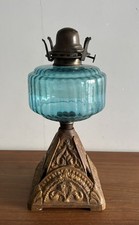 Vintage Oil Lamp 31cm Queen Anne Burner  USA Blue Glass Ribbed Font
