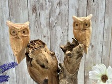Carved Owl Ornament Driftwood Bird Wood Log Wooden Sculpture Tawny Owls on Stump
