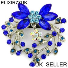 NEW LARGE SILVER BROOCH PINS ROYAL BLUE DIAMANTE CRYSTAL BOUQUET JOB LOT FLOWER