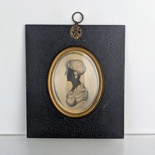Antique 19c Framed Art Silhouette Portrait Miniature Female Lady in Profile