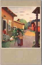 Vintage GERMANY Artist-Signed Postcard Village Scene / Child Playing - Unused