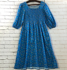 Dress Vintage Blue Floral Smocked Prairie Cottagecore Puff Sleeve Square Neck L