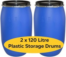 Storage Barrel Water Tank Open Top Blue Plastic Drum 2 X 120 Litre Food Grade